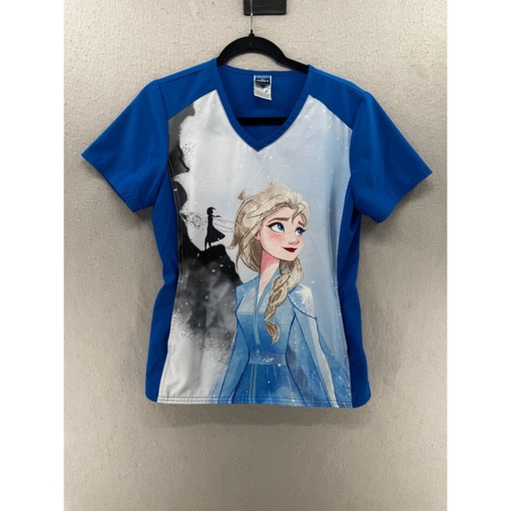 Disney Frozen Elsa Scrub Top Womens‎ XS Blue White Character Kangaroo Pocket